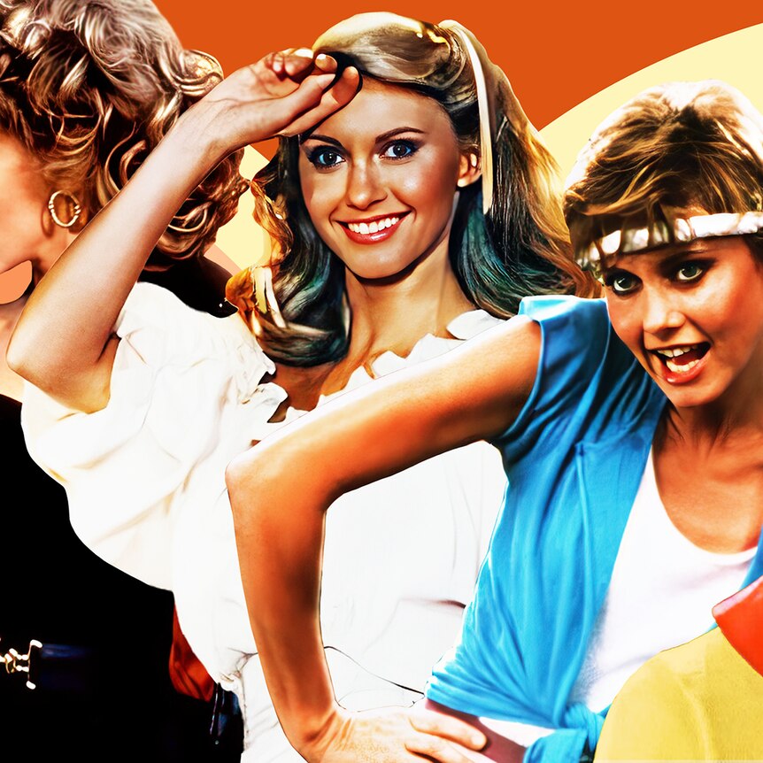 A collage of Olivia Newton-John from Grease, Xanadu and Physical.