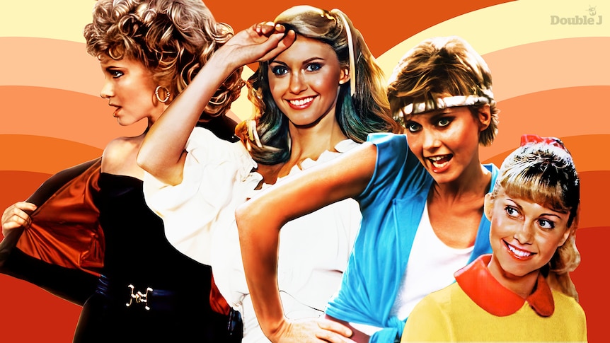 A collage of Olivia Newton-John from Grease, Xanadu and Physical.