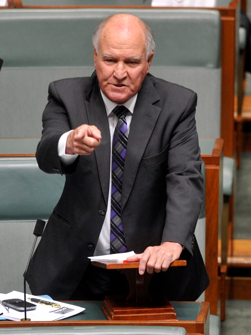 Independent MP Tony Windsor gestures as he speaks in Parliament
