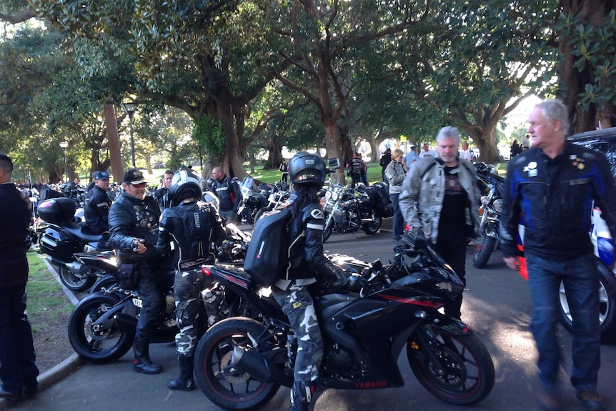 Police officers line up for charity ride.