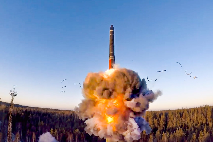 A ground-based intercontinental ballistic missile is launched from a Russian facility