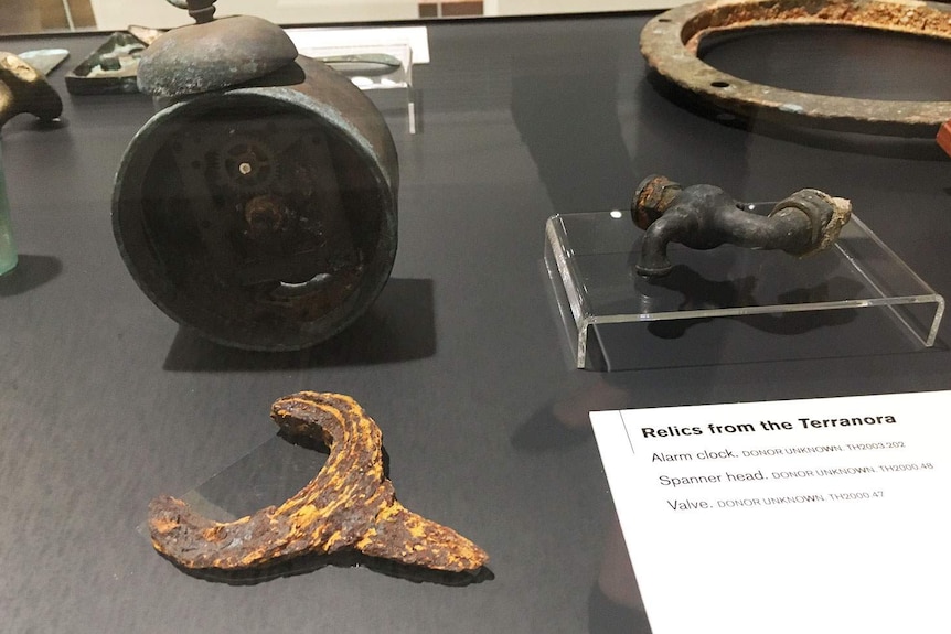 Alarm clock, spanner head and valve from the Terranora shipwreck in the Tweed Regional Museum at Murwillumbah