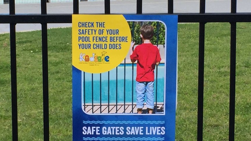 Generic swimming pool safety warning sign for use with story about child drownings