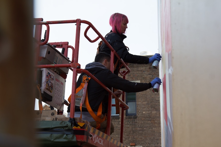 Dabs Myla painting a wall mural in Surry Hills