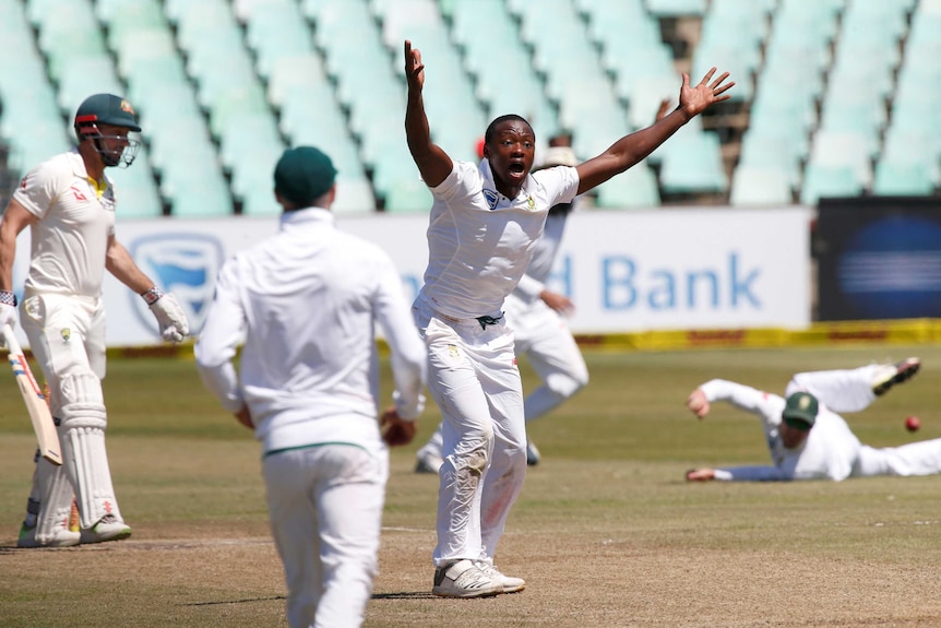 South Africa's Kagiso Rabada appeals unsuccessfully for the wicket of Australia's Shaun Marsh.