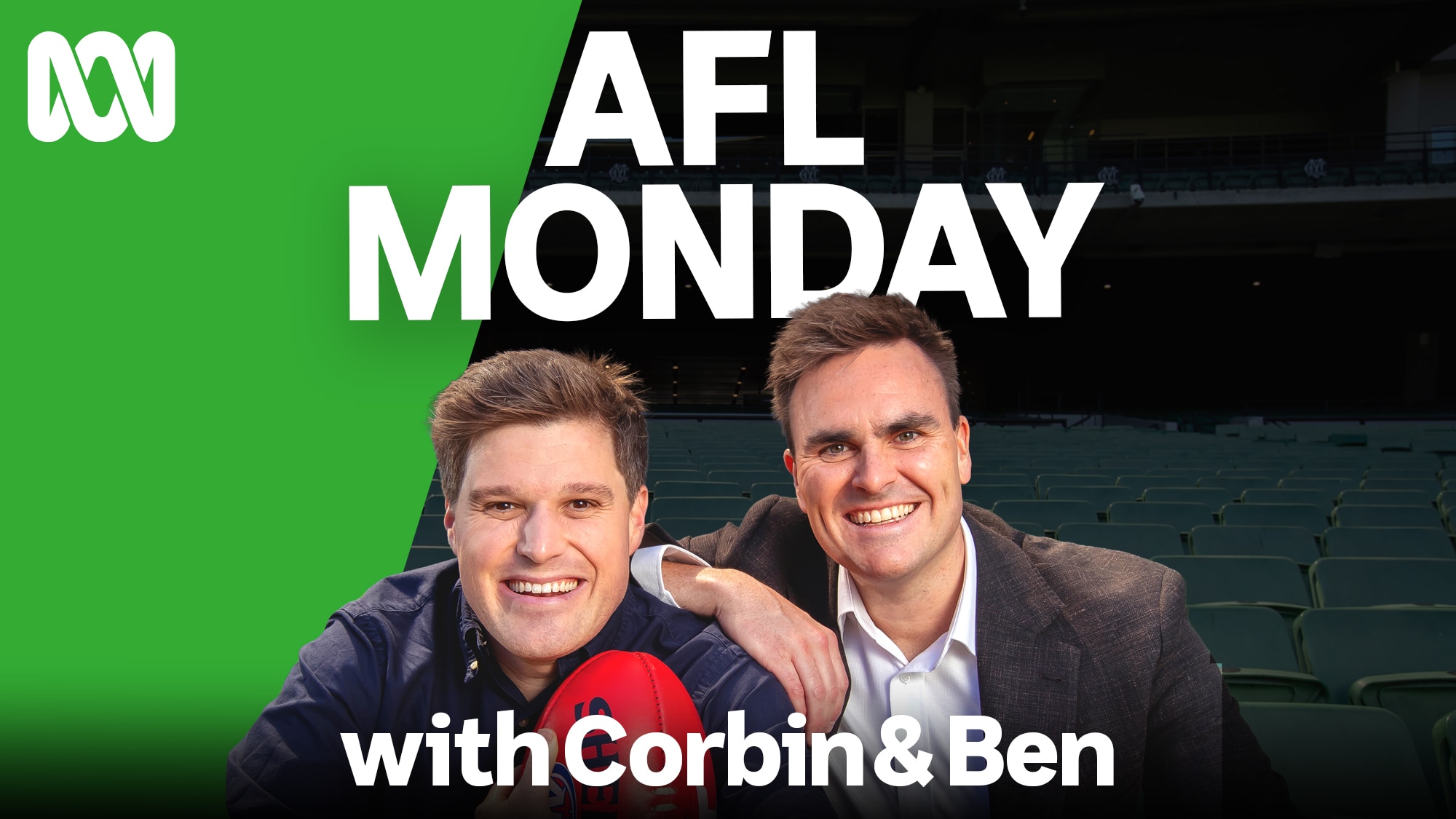 Ben Cameron and Corbin Middlemas sit with MCG seats in background smiling at camera