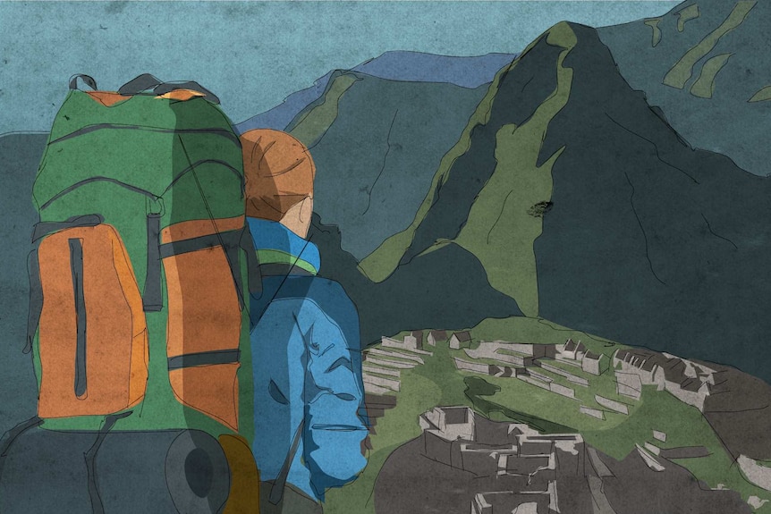 An illustration of a woman looking over Machu Picchu