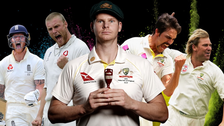 Ben Stokes, Andrew Flintoff, Steve Smith, Mitchell Johnson and Shane Warne during various Ashes Tests.
