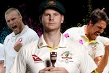 Ben Stokes, Andrew Flintoff, Steve Smith, Mitchell Johnson and Shane Warne during various Ashes Tests.