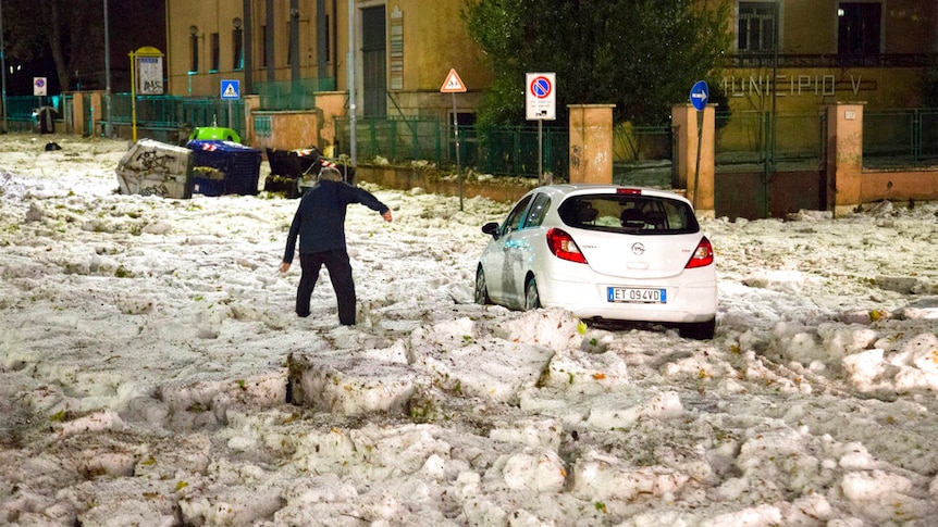 Cars were trapped in ice around the eastern suburbs of Rome.