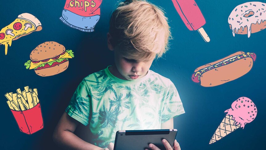 A child on an tablet surrounded by illustrations of junk food like donuts and hotdogs.