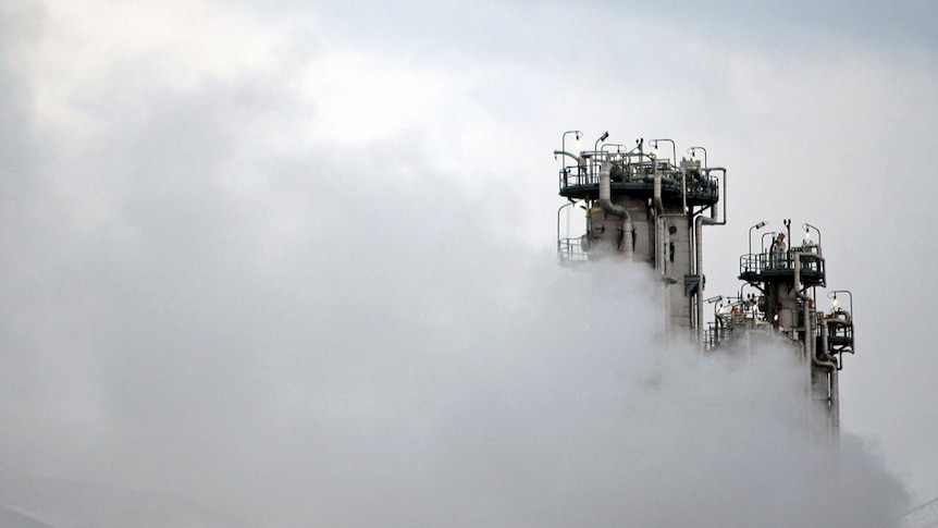 The Arak heavy water nuclear facility is surrounded by smoke or steam.