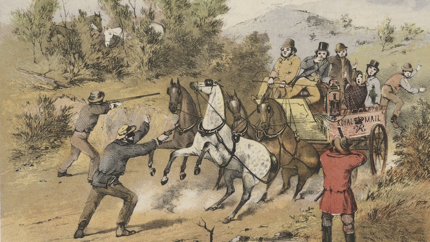 Painting of bushrangers holding up a stage coach