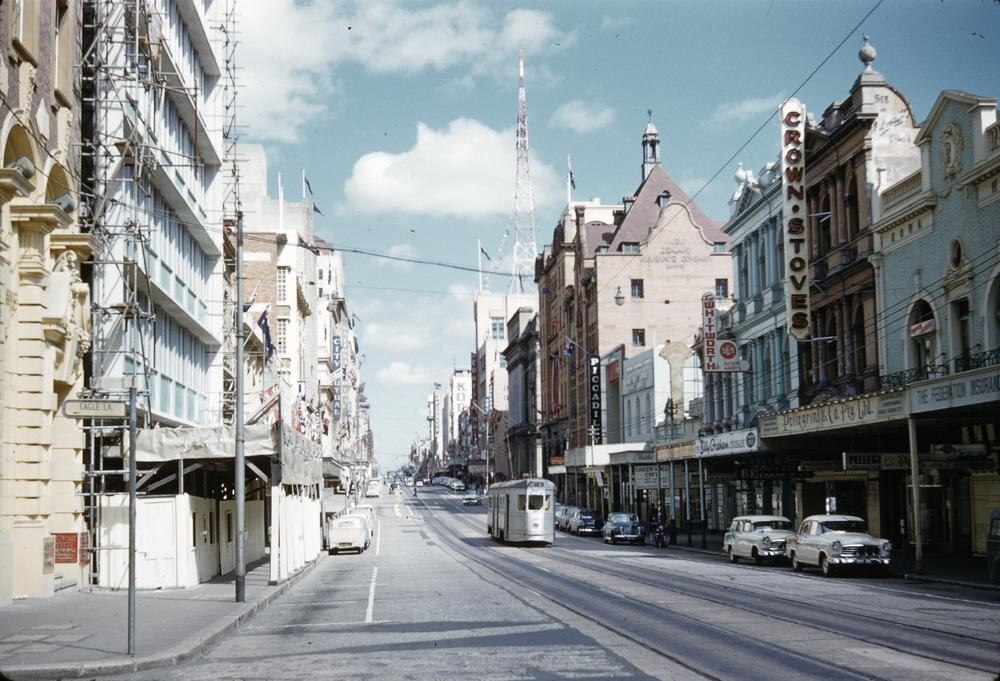 A tram travelling along Queen Street, Brisbane