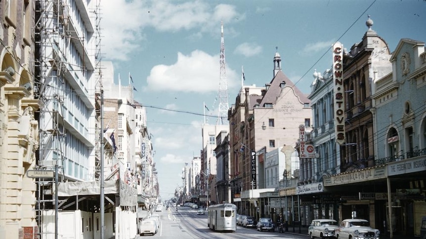 A tram travelling along Queen Street, Brisbane