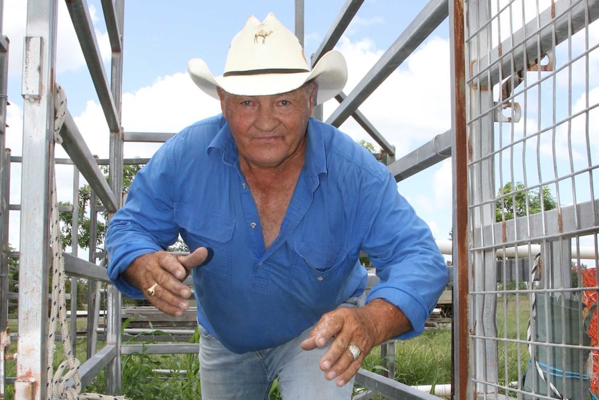 A man with a cowboy hat on and long shirt crouches in the starting gate where he trains his camels