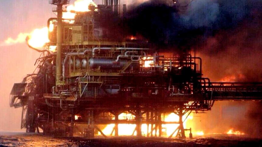 Fire erupts on an offshore oil platform in the Gulf of Mexico