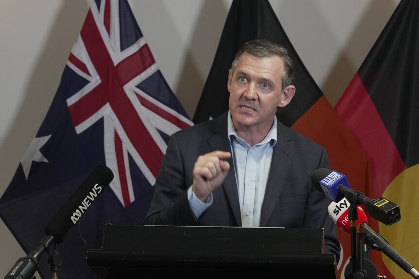 An angry-looking NT Chief Minister Michael Gunner speaking at a press conference at Parliament House.