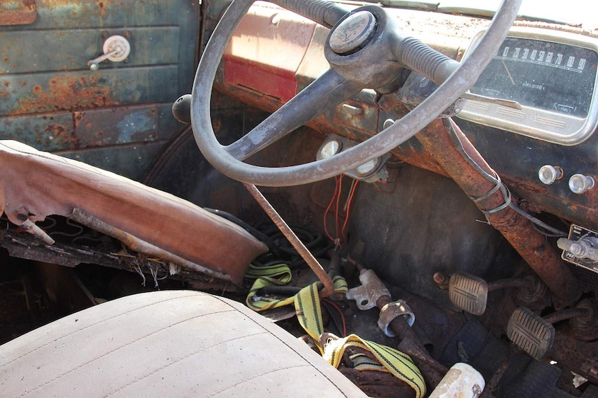 inside an old and damaged truck