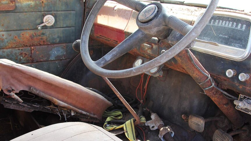 inside an old and damaged truck