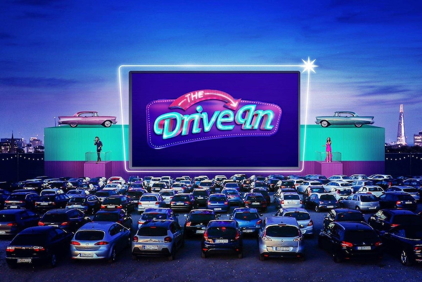 A composite image of rows of cars facing a screen on which "The Drive In" is illuminated