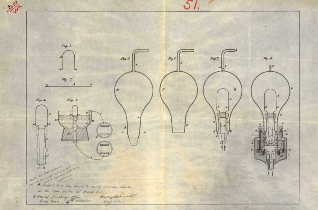 Un dibujo de patente para una bombilla presentada en WA en 1883.