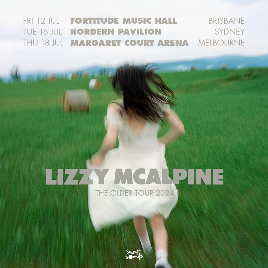 Poster for Lizzy McAlpine's Australian tour with a blurry photo of her running in a green grassy field