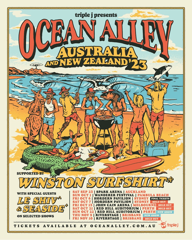 Ocean Alley tour poster shows a cartoon beach with band members and animals having a barbeque