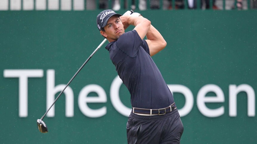 Australia's Adam Scott tees off to start his third round at the British Open.