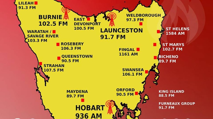 A map of Tasmania showing the frequencies for local radio in different towns.