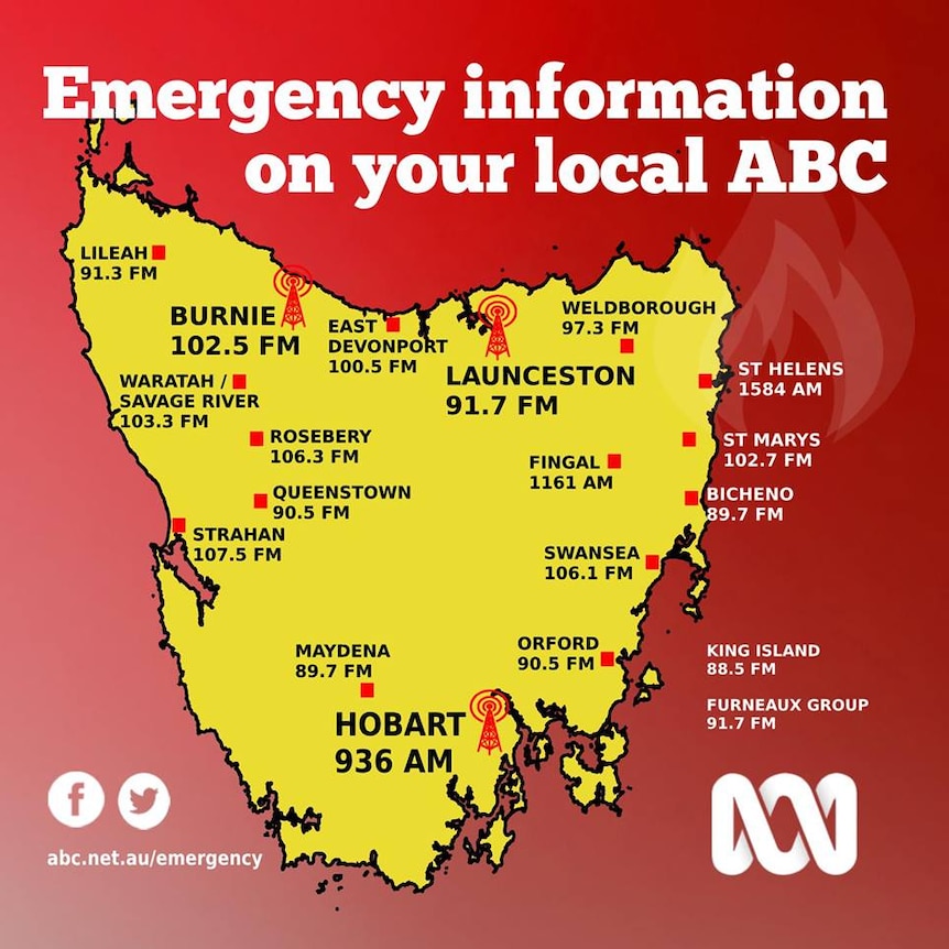 A map of Tasmania showing the frequencies for local radio in different towns.