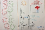 A child's drawing of virus particles and people standing outside a building with a red cross on it.