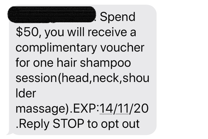 A screenshot from a mobile phone of a text message advertising beauty services.