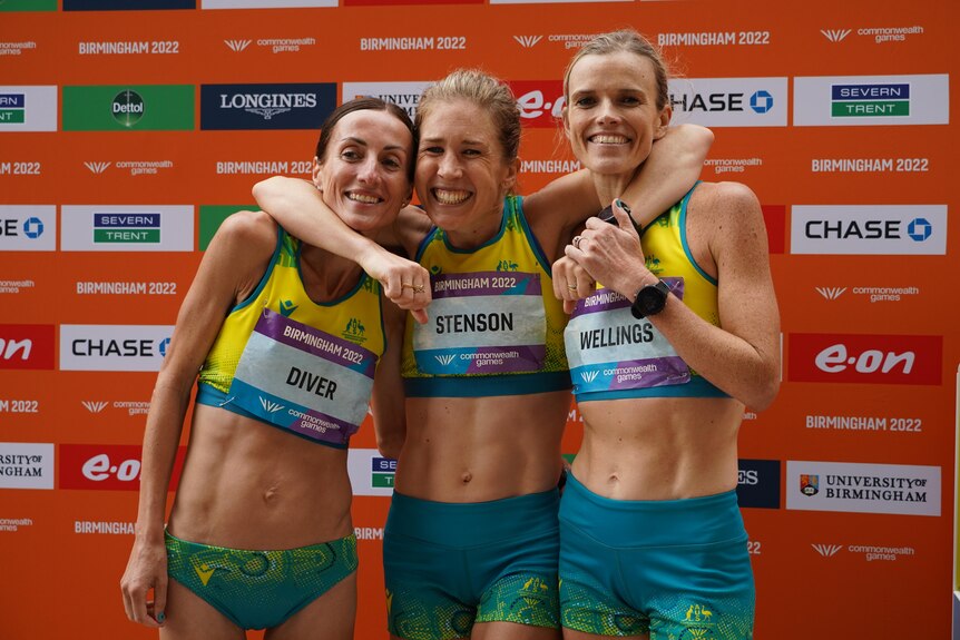 Sinead Diver, Jess Stenson and Eloise Wellings after the women's marathon