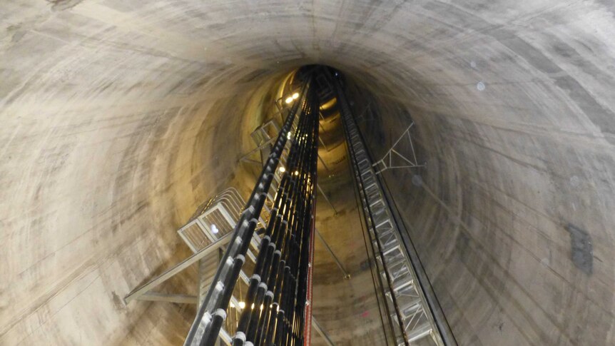 A looking-up view of the inside of the Mount Wellington transmission tower