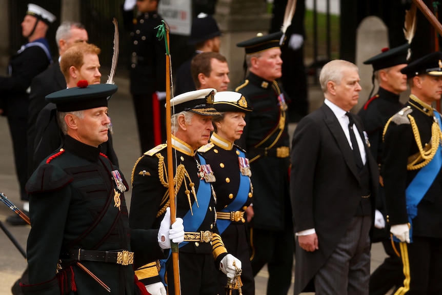 King Charles and Princess Anne walk in uniform into the abbey