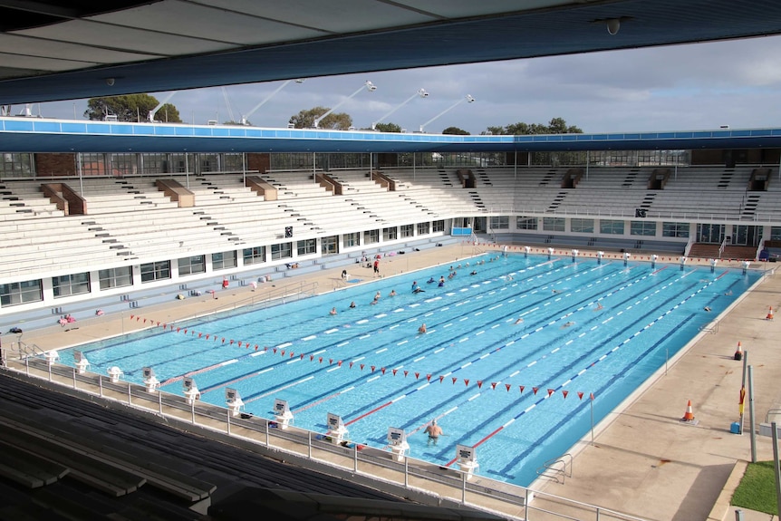 People swim in a pool, with grandstands surrounding it