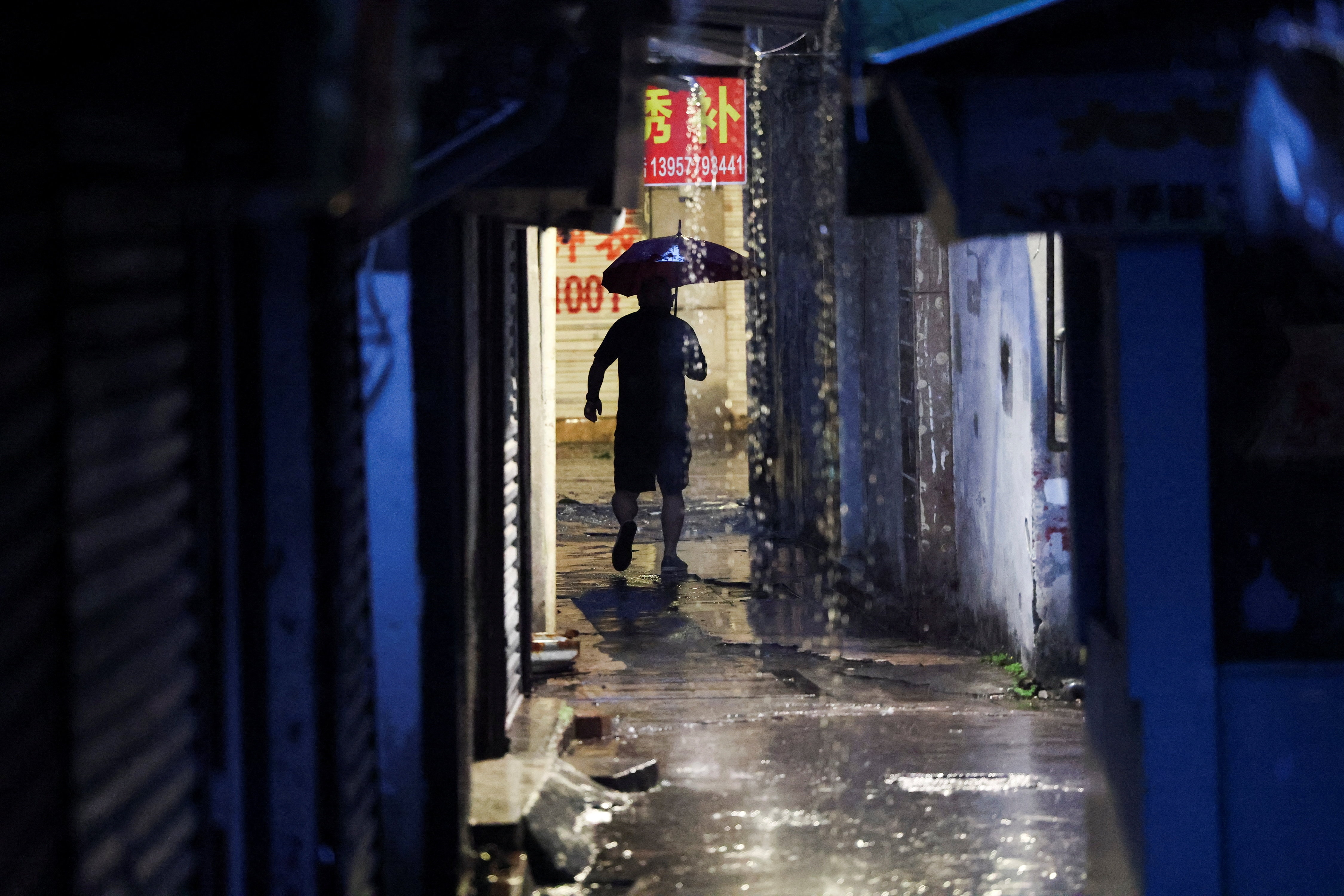 A person walks with an umbrella.