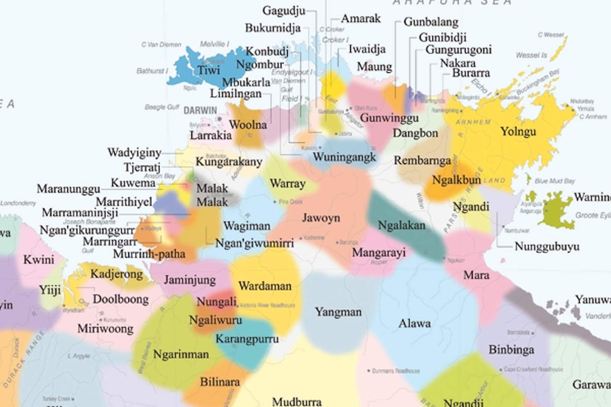 A colour coded map showing the many different indigenous languages of the area surrounding Darwin, Northern Territory.