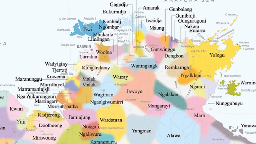 A colour coded map showing the many different indigenous languages of the area surrounding Darwin, Northern Territory.