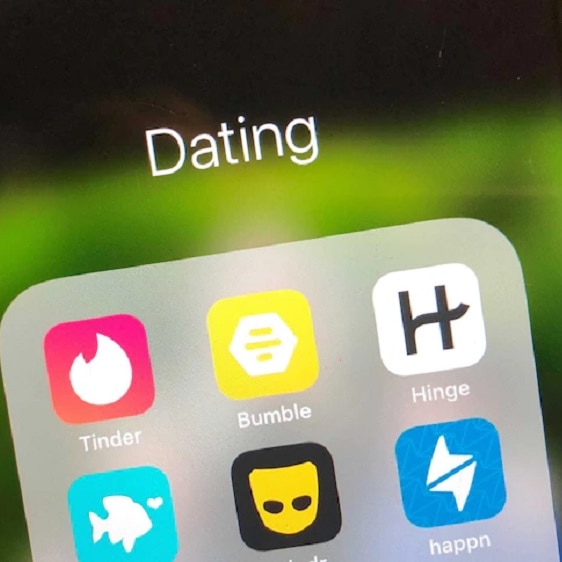 A mobile phone screen showing six dating apps.
