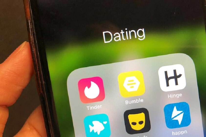 A mobile phone screen showing six dating apps.