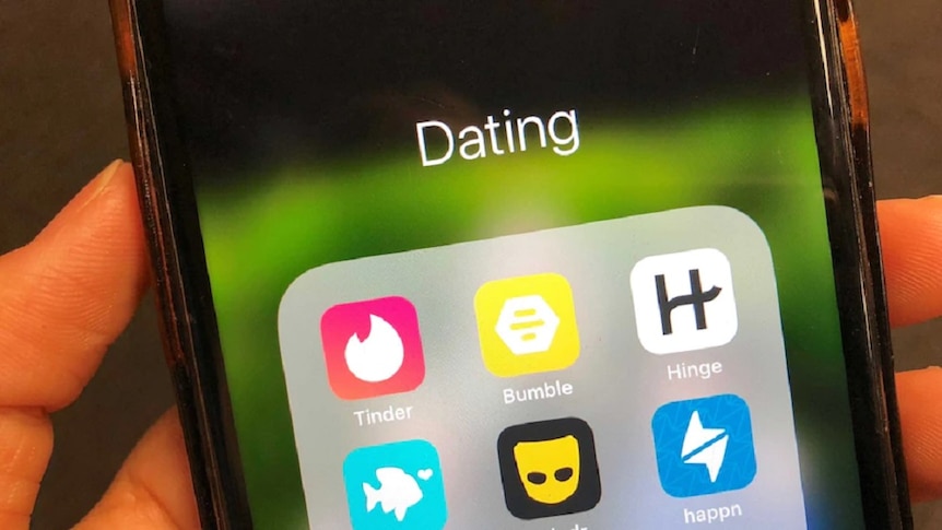 A mobile phone screen showing six dating apps.