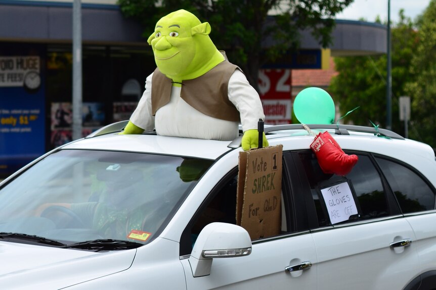 Shrek cruises for votes on the final Saturday of the campaign.