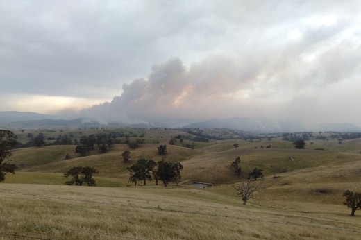 Smoke plumes stretch across the East Gippsland landscape