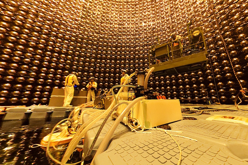 People in safety clothing stand on platforms inside a large tank lined with oversized lightbulbs.