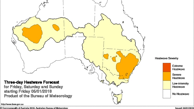 A map of Australia with a legend that shows levels of heatwave severity.