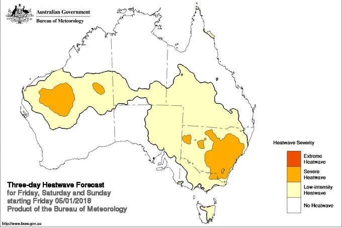A map of Australia with a legend that shows levels of heatwave severity.