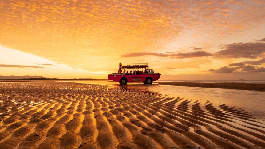 A picture of a bus driving on the beach during an orange sunset