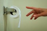 A hand reaching for a sheet of toilet paper